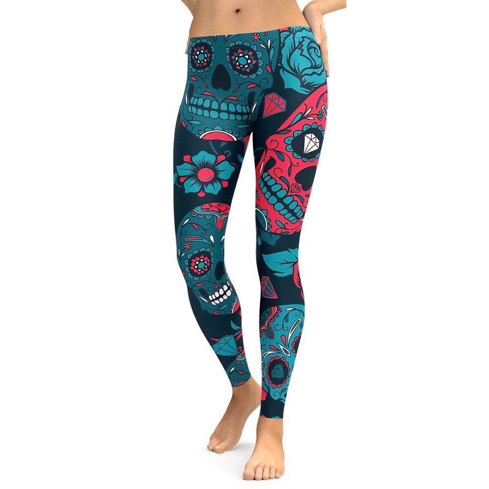 Gear Bunch Leggings‎ S Small Sugar Skull Teal Pink Black Tattoo Rock Pants Yoga